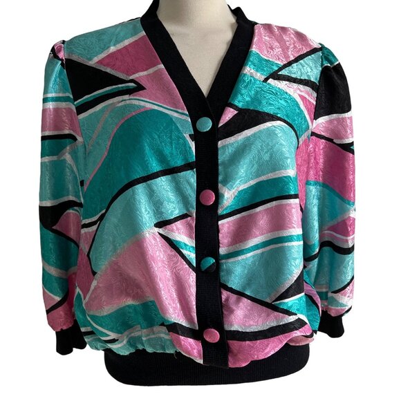Anastasia Tops - Vintage Anastasia Silky Bright VNeck Blouse Sz Medium Petite Colorful Pink & Bla